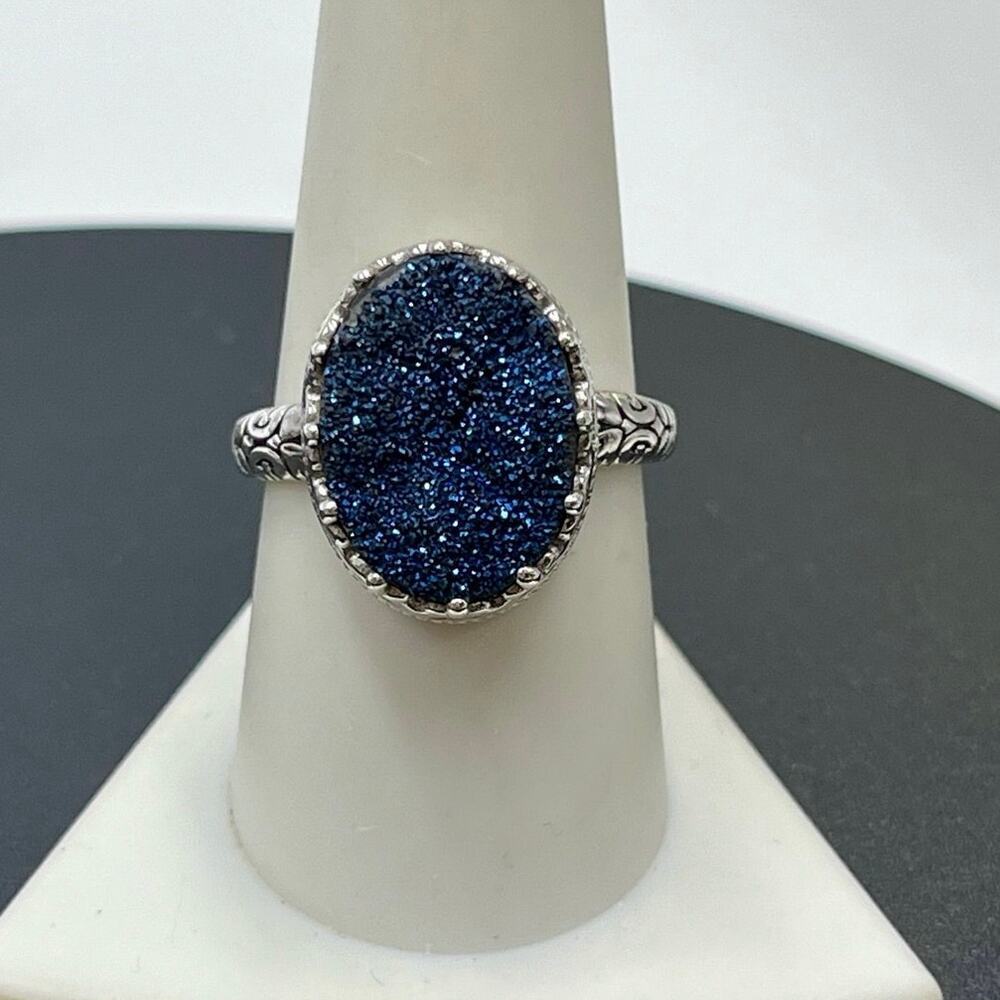 DESIGNER Y Sterling‎ Silver 925 Signed Blue Druzy Belcher Crown Set 
Ring Sz 9
